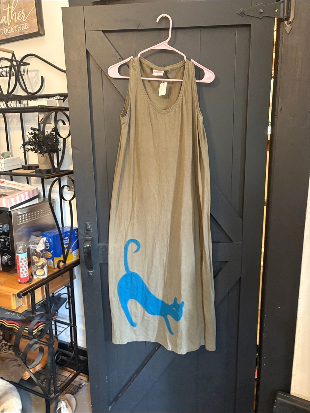 Pink Platinum Olive Maxi Dress with Bright Blue Cat Graphic